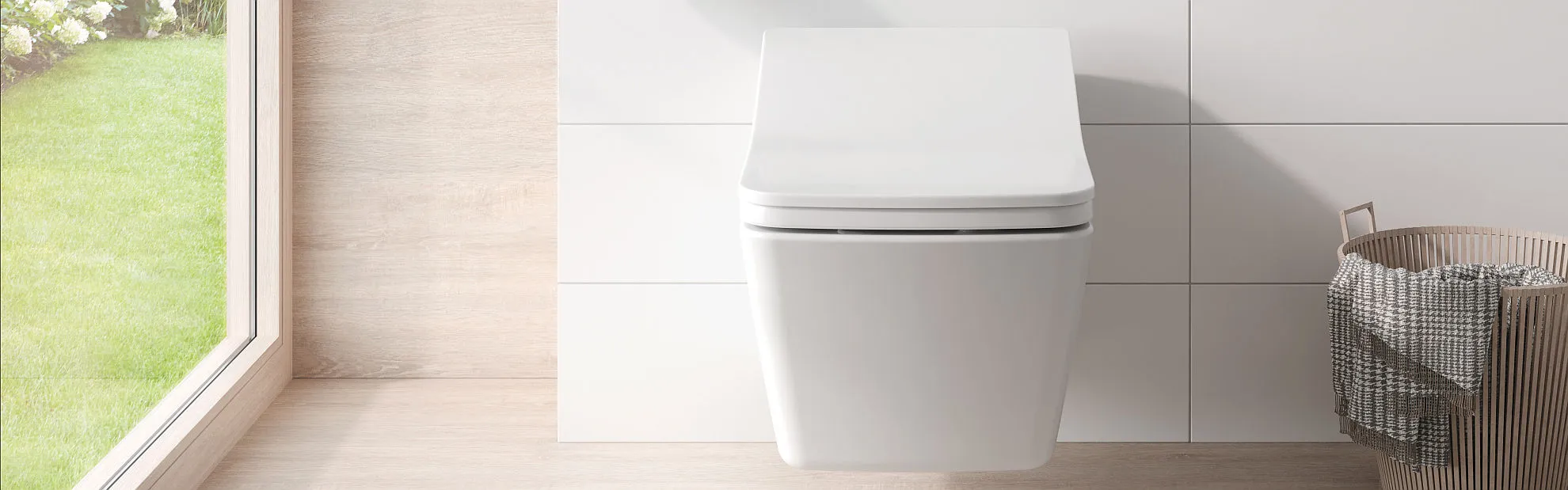 Ein minimalistisches Badezimmer mit einem modernen, wandmontierten WC, das vor einer weißen, horizontal gefliesten Wand installiert ist.