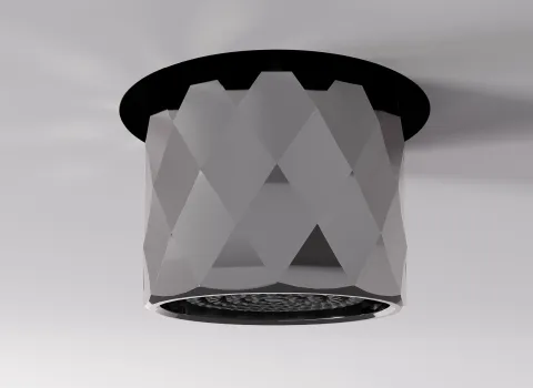 Die Frattini Waterdot Duschdüse zeigt ein auffälliges, geschliffenes Design mit polygonalen Flächen in metallischer Optik. 