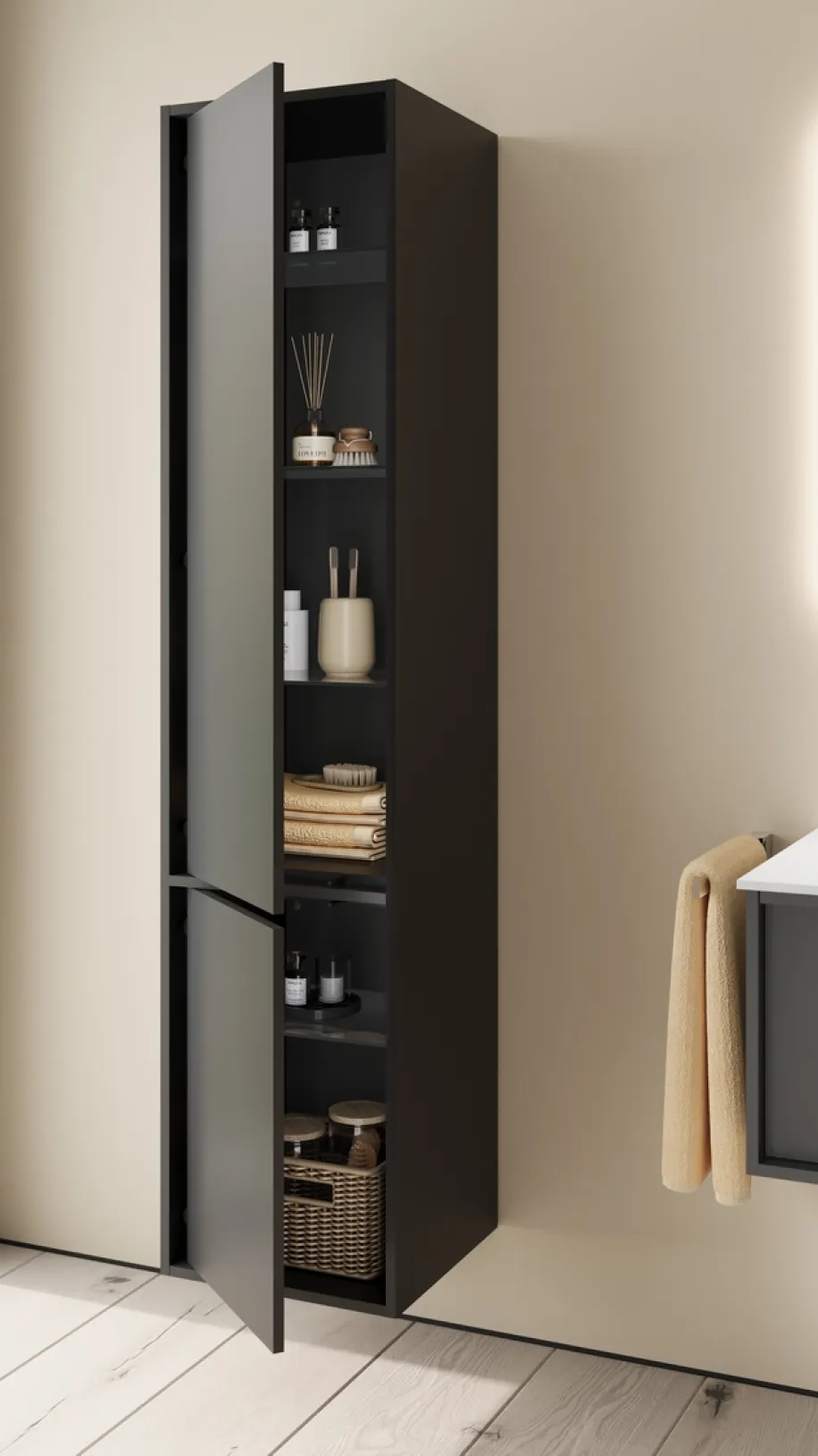 Großer Badschrank aus der Kollektion Uomo des Herstellers burgbad in der Farbe Anthrazit matt.