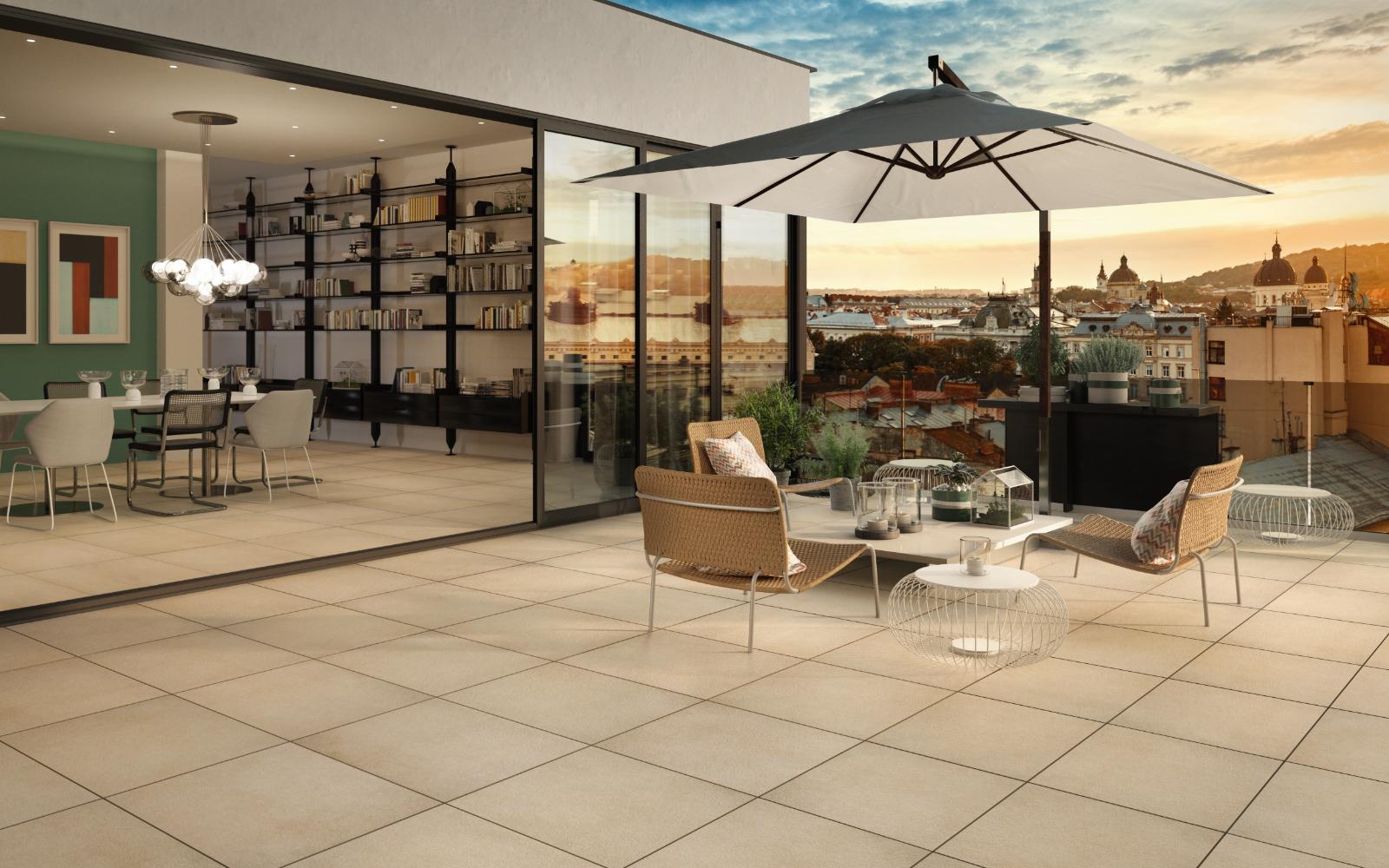 Große Terrasse mit Fliesen im Stil des Innenbereichs