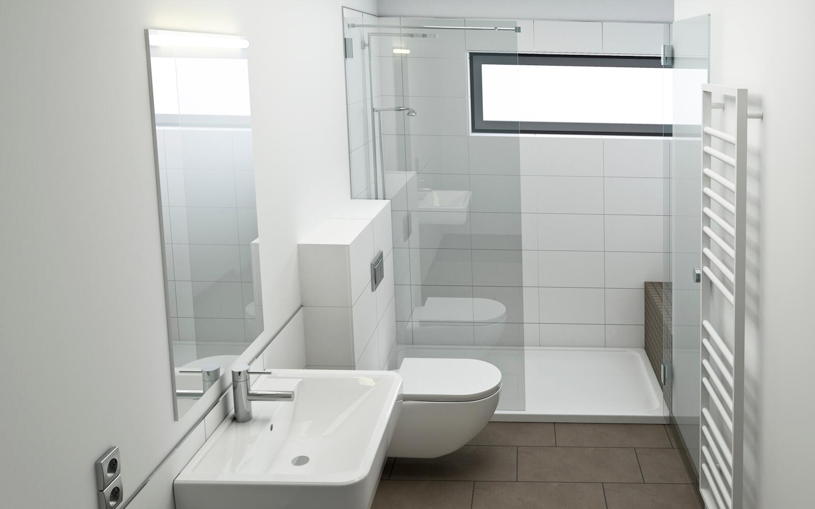 Helles Badezimmer mit komfortabler Dusche und braunen Bodenfliesen 